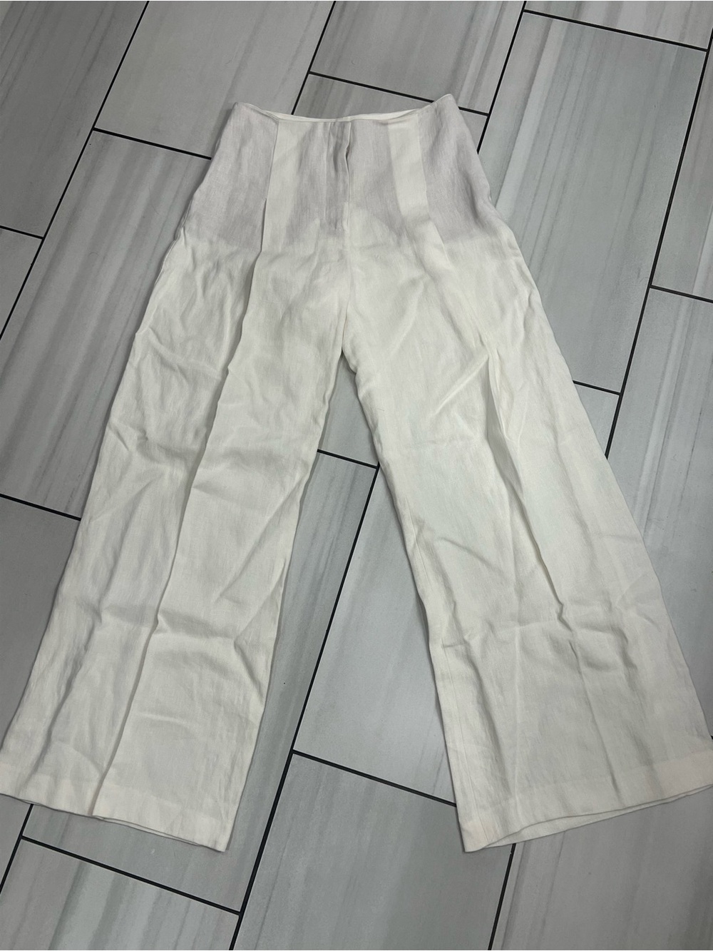 Zara White Linen Pants Resort High Waisted Luxury Wide Leg Boho Retail $109
